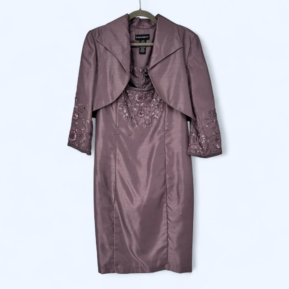 Dusty Mauve Plum Beaded 2 Piece Sheath Dress & Cropped Bolero Jacket Set c. 2004